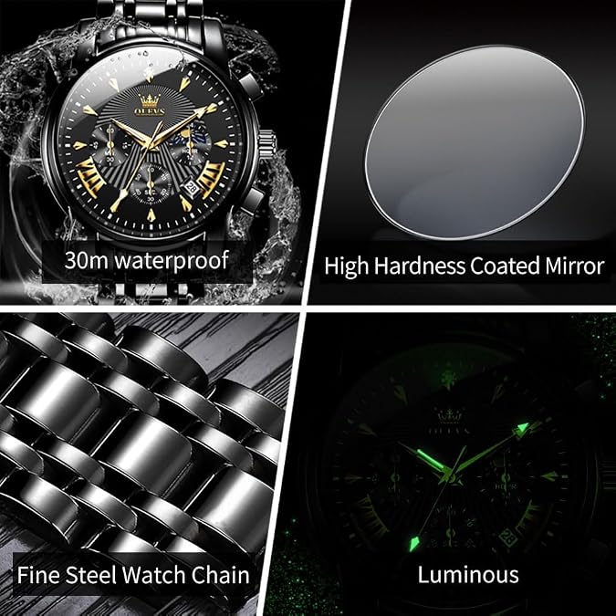 OLEVS Men Watches Luxury Waterproof Luminous Easy Read Chronograph Watches Full Gold/White Dail/Black Face Calendar Wrist Watches
