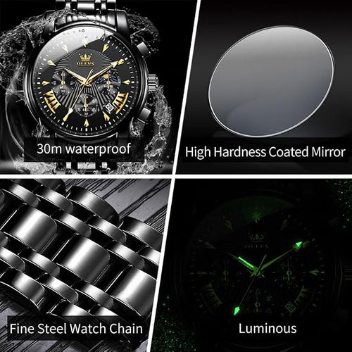 OLEVS Men Watches Luxury Waterproof Luminous Easy Read Chronograph Watches Full Gold/White Dail/Black Face Calendar Wrist Watches