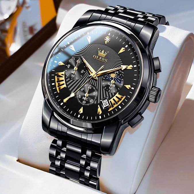 OLEVS Men Watches Luxury Waterproof Luminous Easy Read Chronograph Watches Full Gold/White Dail/Black Face Calendar Wrist Watches