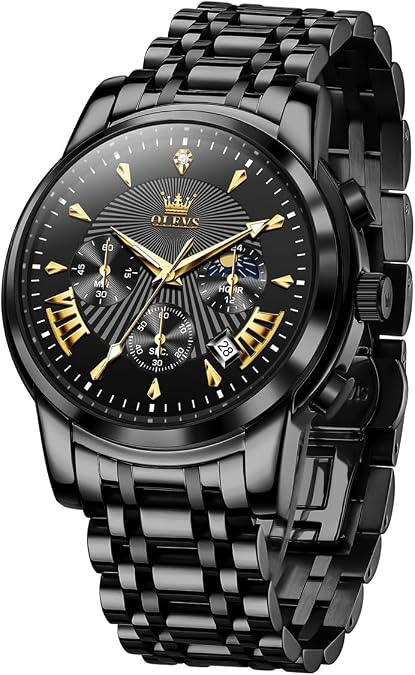 OLEVS Men Watches Luxury Waterproof Luminous Easy Read Chronograph Watches Full Gold/White Dail/Black Face Calendar Wrist Watches