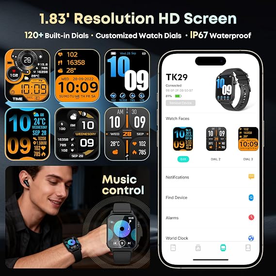 Smart Watch for Men, 120+ Sports Modes Smartwatch with 1.83" HD Touchsreen, Sleep Monitor, IP67 Waterproof, Bluetooth Call & Music Control Fitness Watch for iPhone/Android (Black)