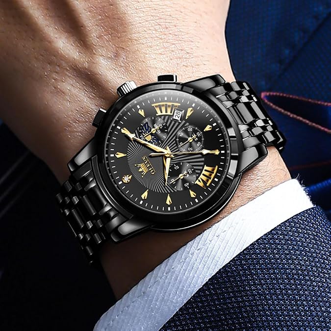 OLEVS Men Watches Luxury Waterproof Luminous Easy Read Chronograph Watches Full Gold/White Dail/Black Face Calendar Wrist Watches